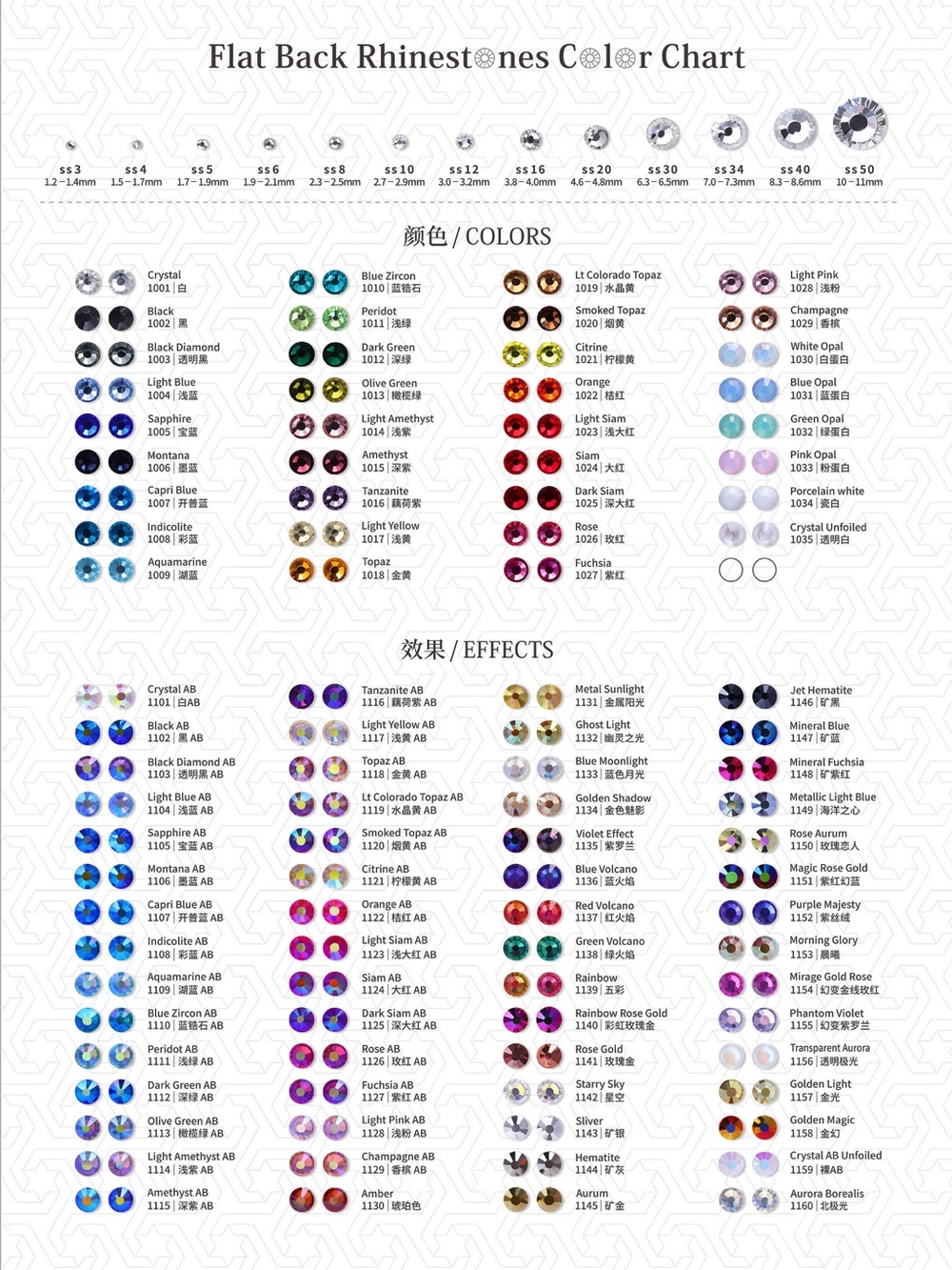 Flat Back Rhinestones Color Chart - Assorted Colors